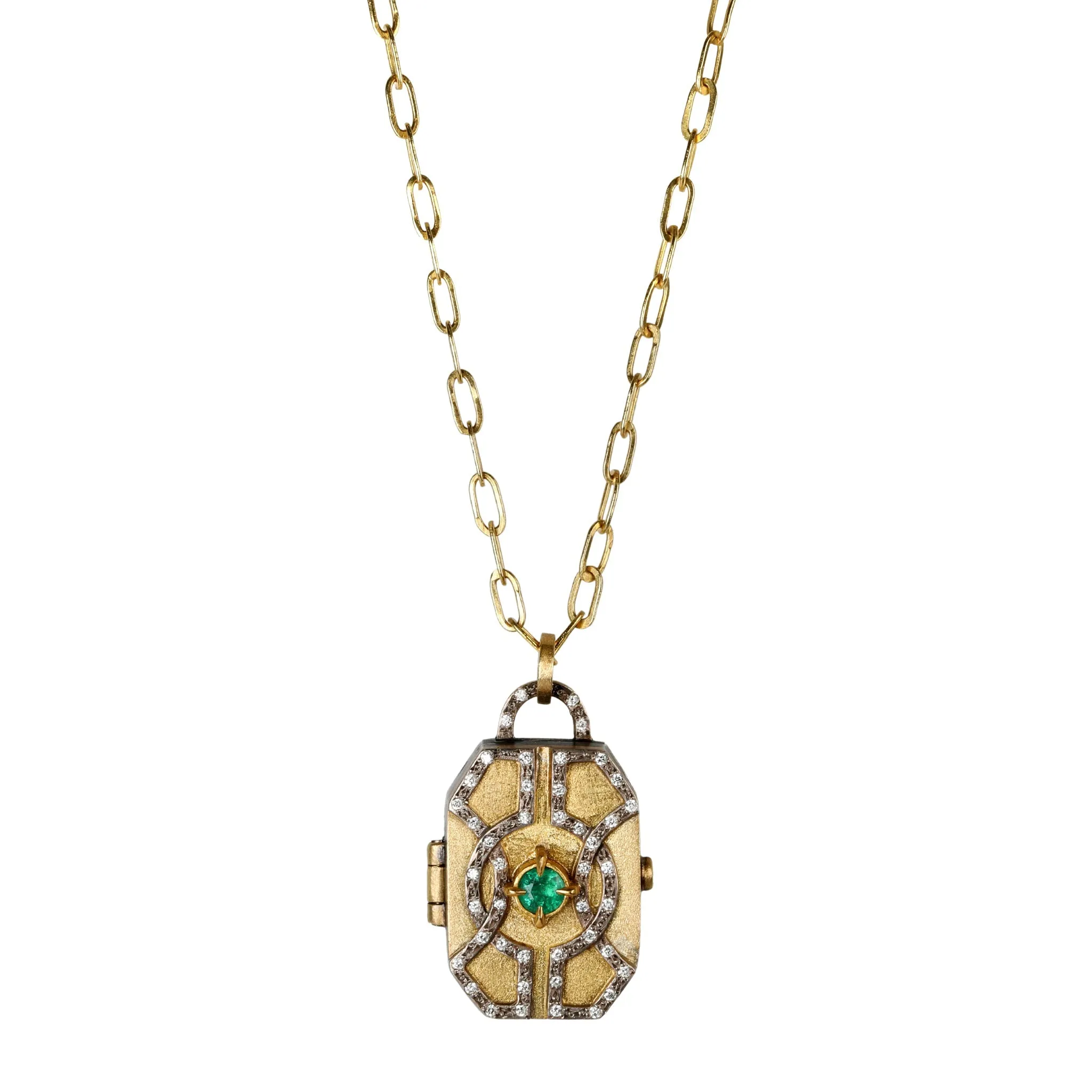 22 & 18K Gold Hand-Fabricated Locket with Center Emerald and Diamonds