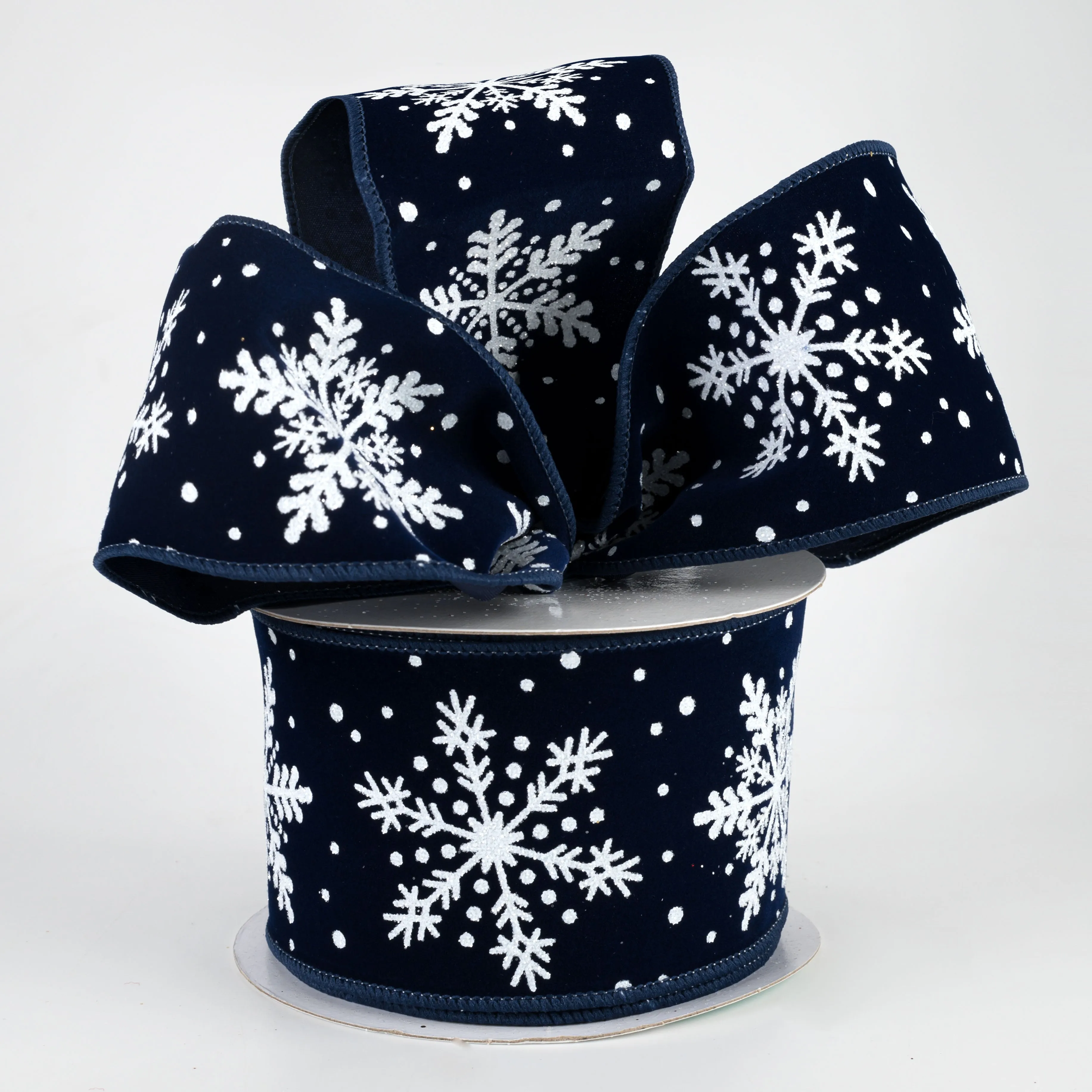 2.5" Glittered Snowflakes Velvet Ribbon: Navy Blue (10 Yards)