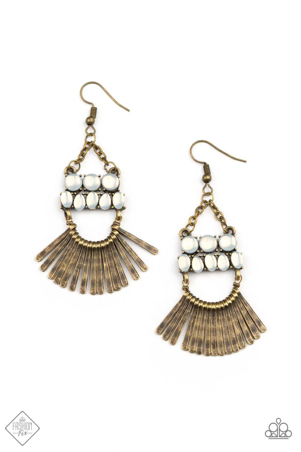 A FLARE For Fierceness Brass and White Opal Earrings - Paparazzi Accessories