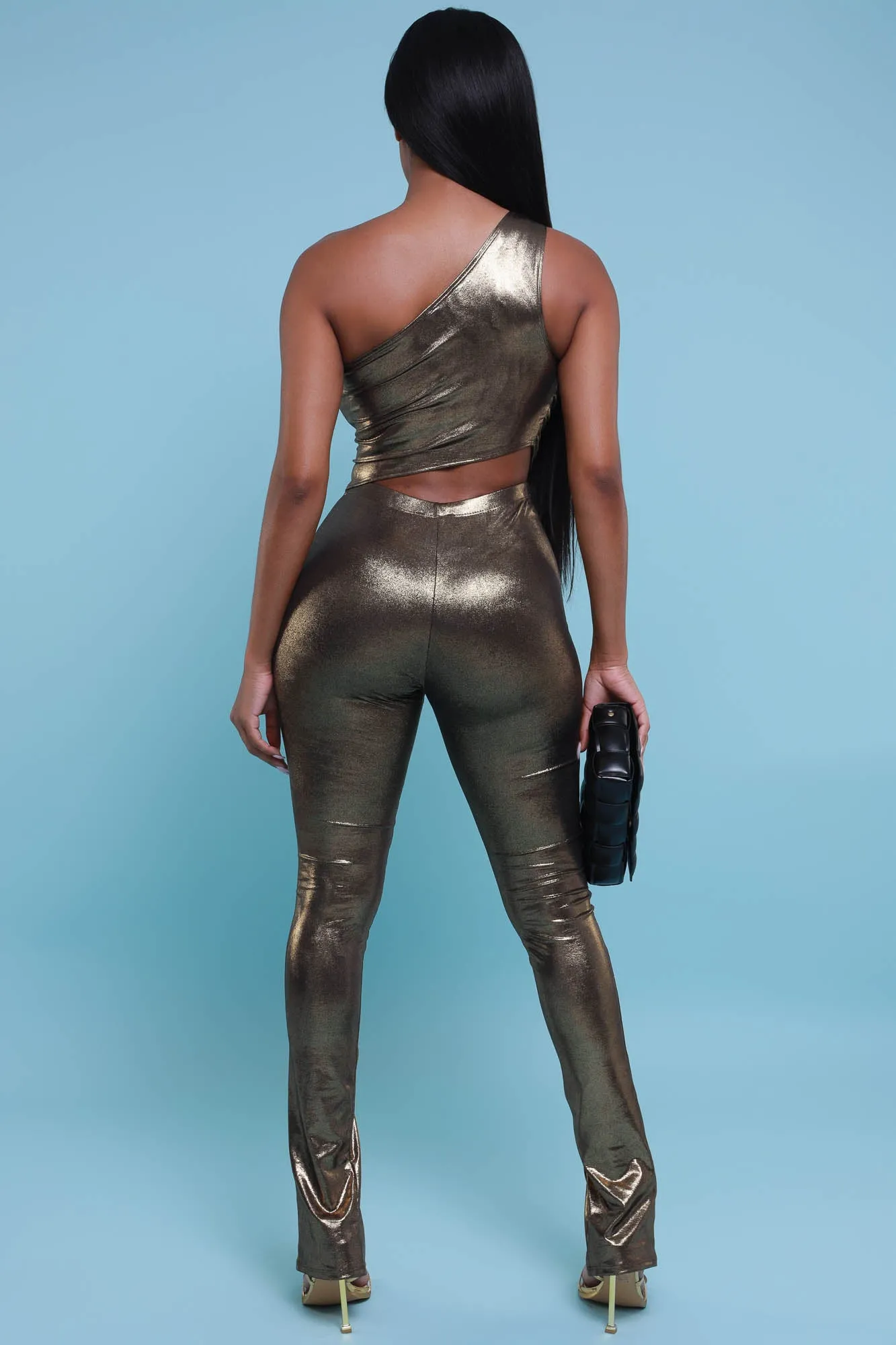 Afterglow Metallic One Shoulder Cropped Legging Set - Gold