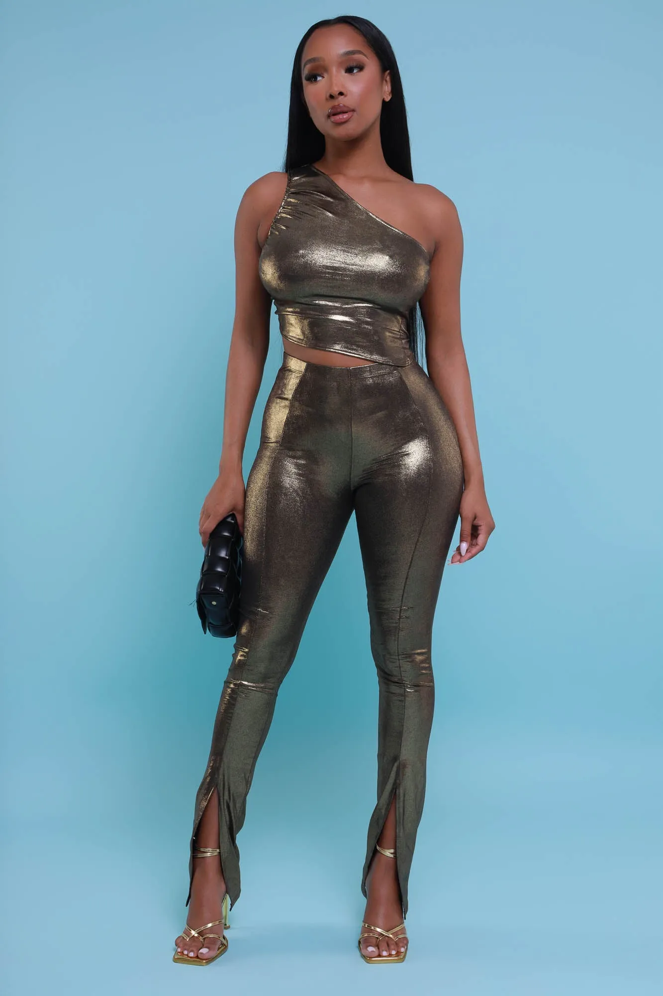 Afterglow Metallic One Shoulder Cropped Legging Set - Gold