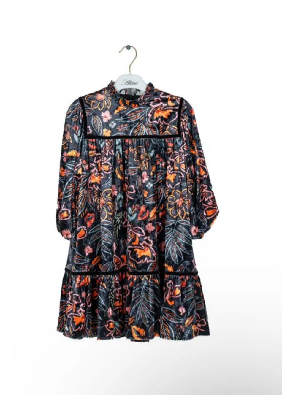 Alitsa Black Dress with Bold Floral Print/Velvet Piping