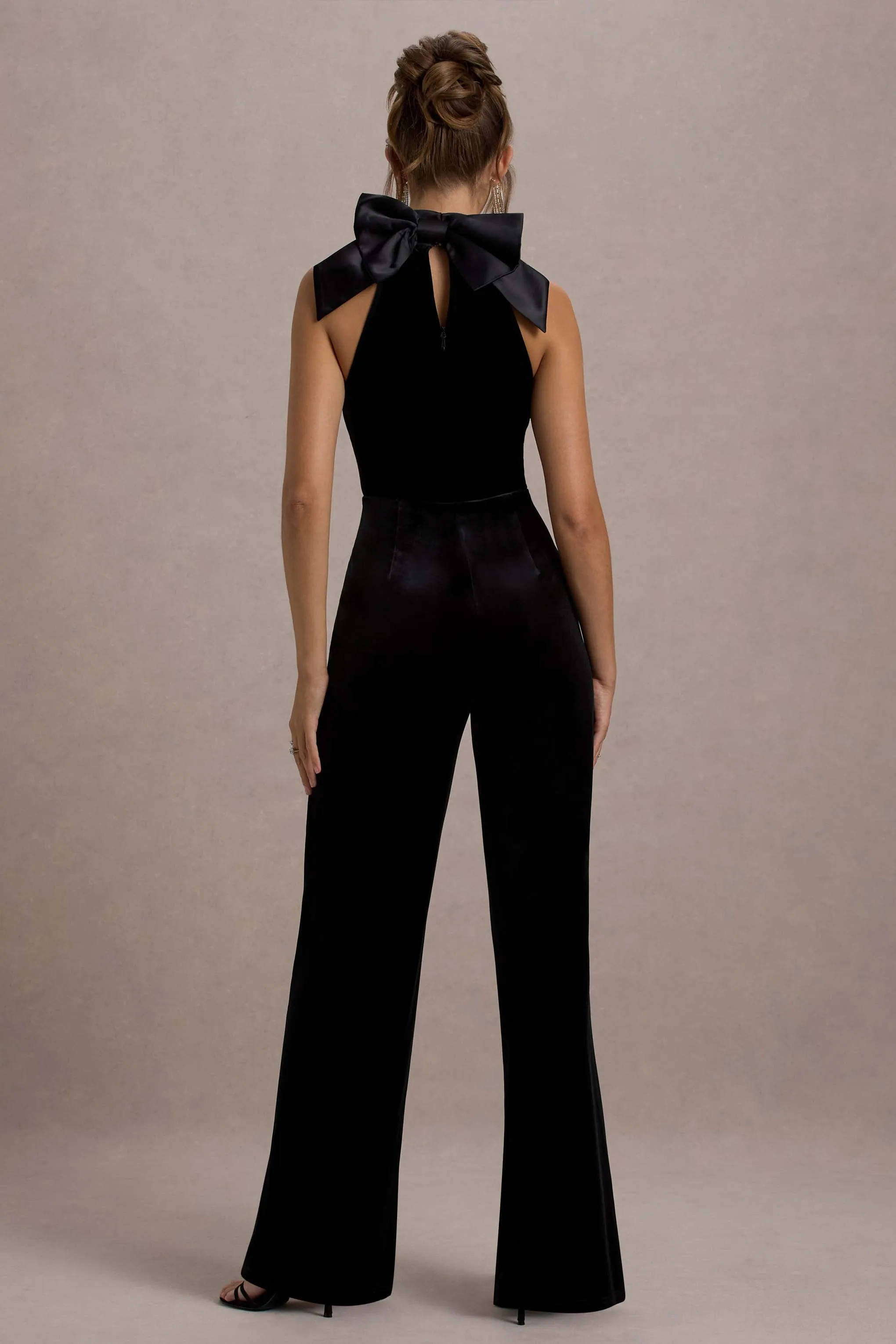 Alondra | Black Velvet High-Neck Straight-Leg Jumpsuit