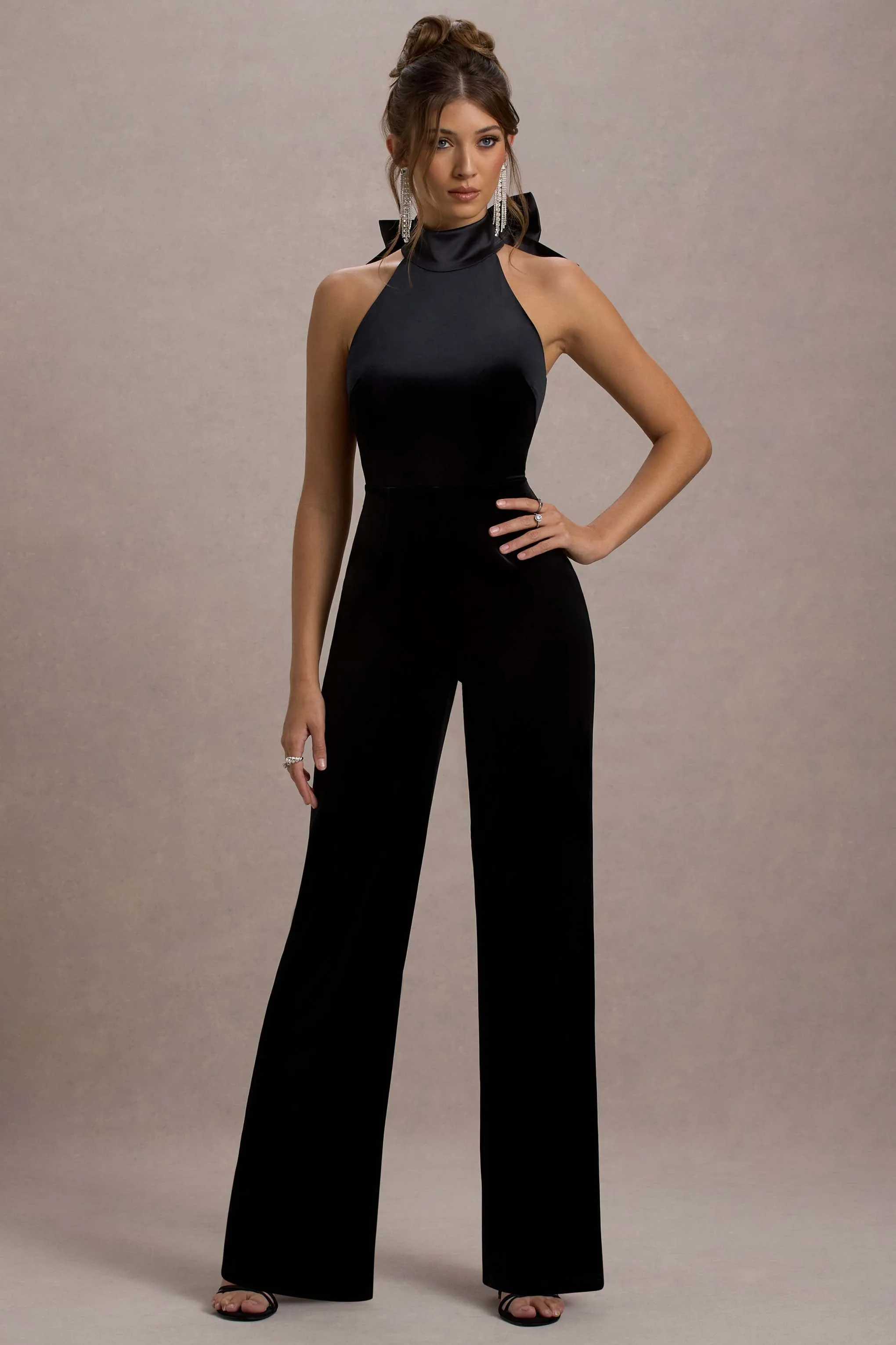 Alondra | Black Velvet High-Neck Straight-Leg Jumpsuit