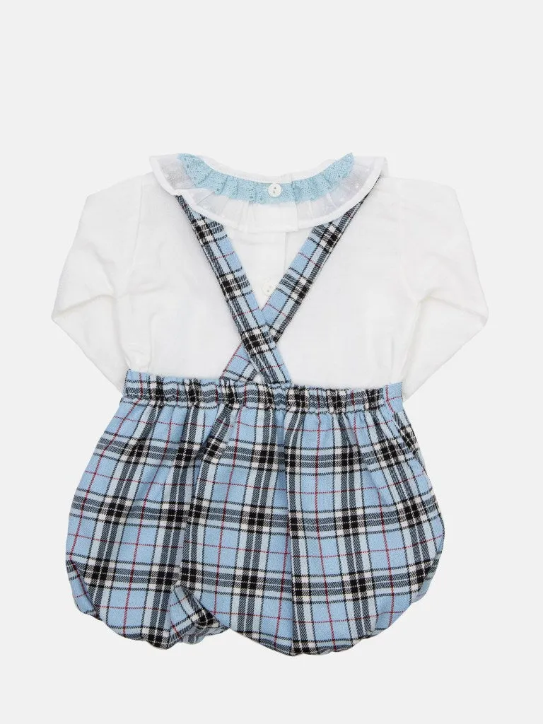 Baby Girl Tartan Romper Set with Bow and Lace-Baby Blue