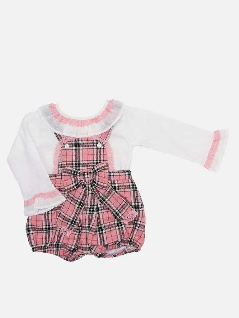 Baby Girl Tartan Romper Set with Bow and Lace-Coral Pink