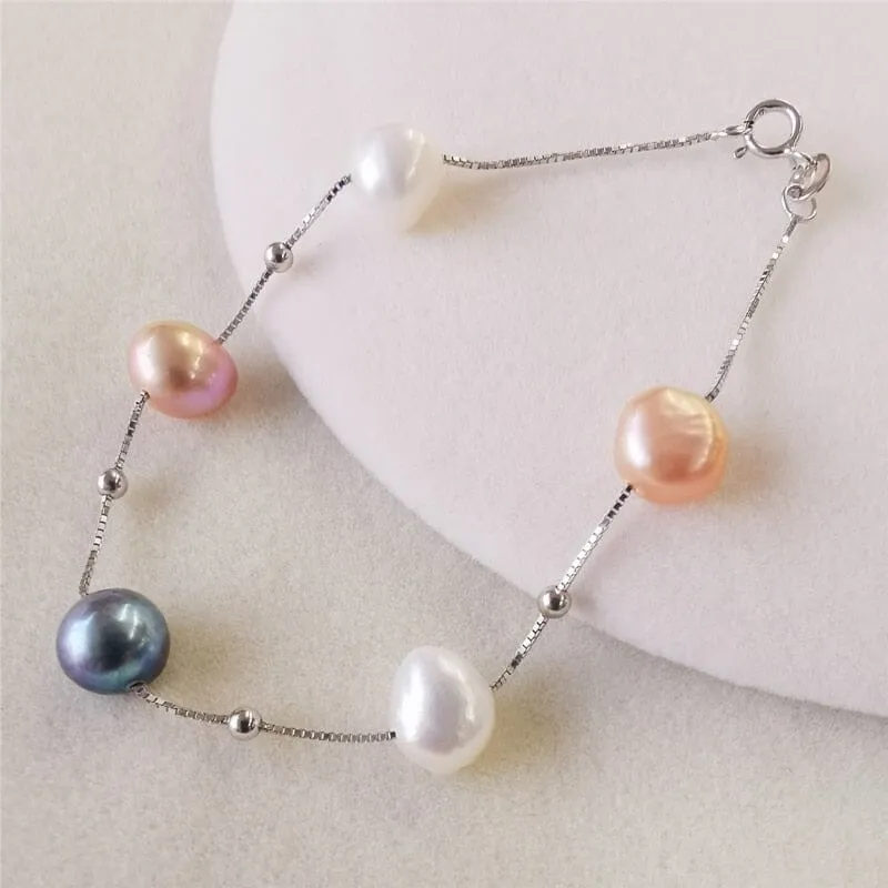 Baroque Freshwater Pearl Bracelet  Black/White/Pink/Purple Bracelet - 925 Sterling Silver