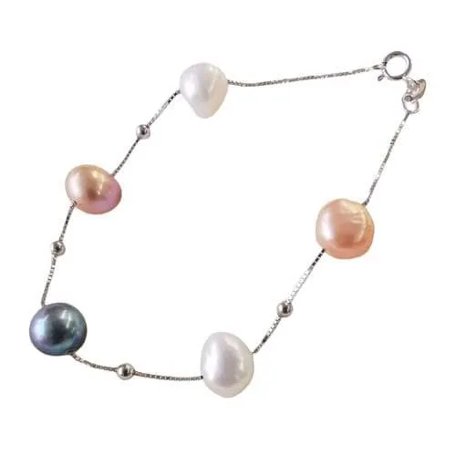 Baroque Freshwater Pearl Bracelet  Black/White/Pink/Purple Bracelet - 925 Sterling Silver