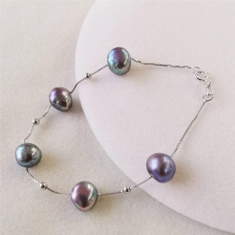 Baroque Freshwater Pearl Bracelet  Black/White/Pink/Purple Bracelet - 925 Sterling Silver