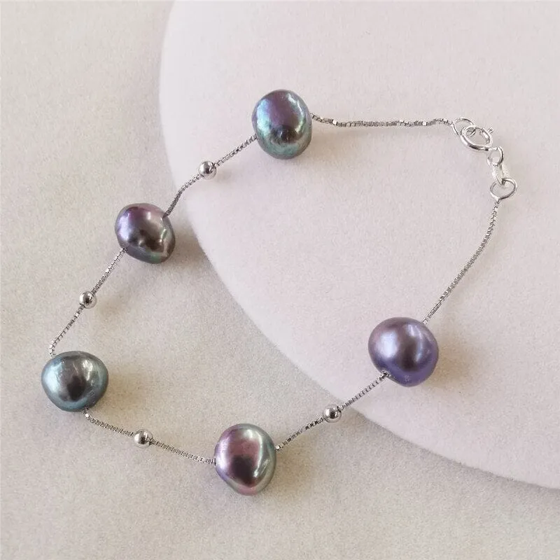 Baroque Freshwater Pearl Bracelet  Black/White/Pink/Purple Bracelet - 925 Sterling Silver