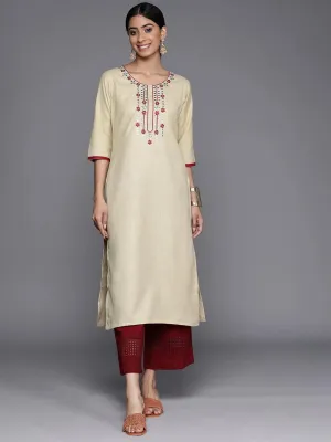 Beige Embroidered Cotton Straight Kurta