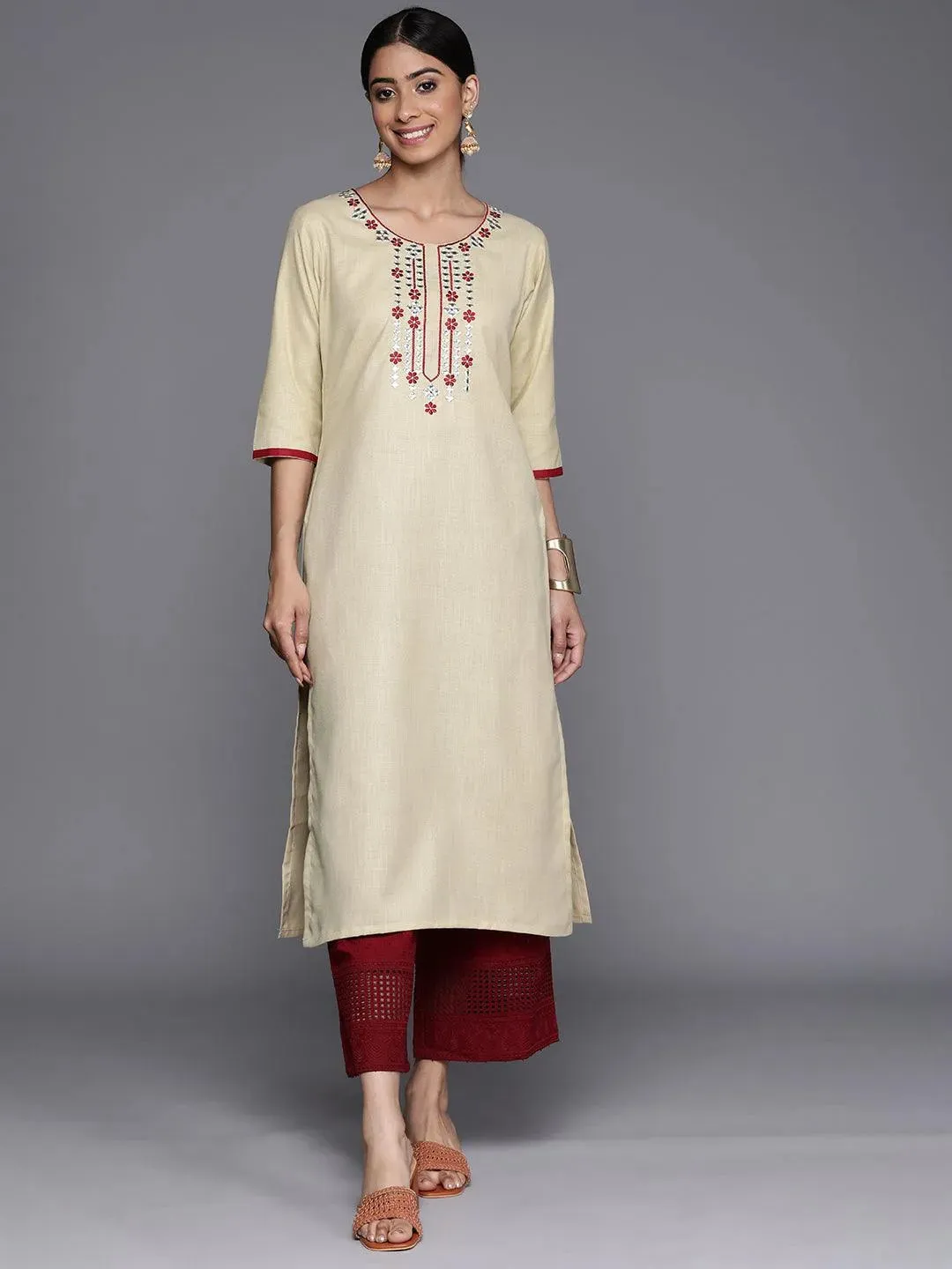 Beige Embroidered Cotton Straight Kurta