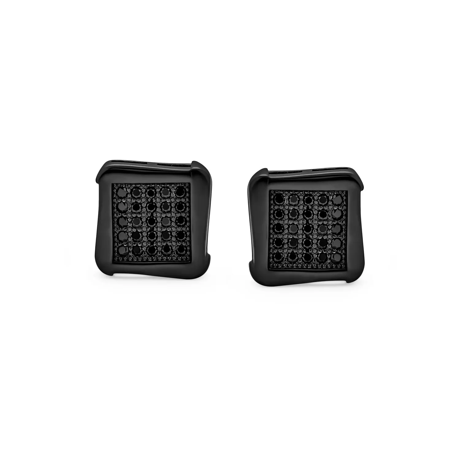 Black Geometric Square CZ Stud Earrings for Men, Sterling Silver, 8-10 MM