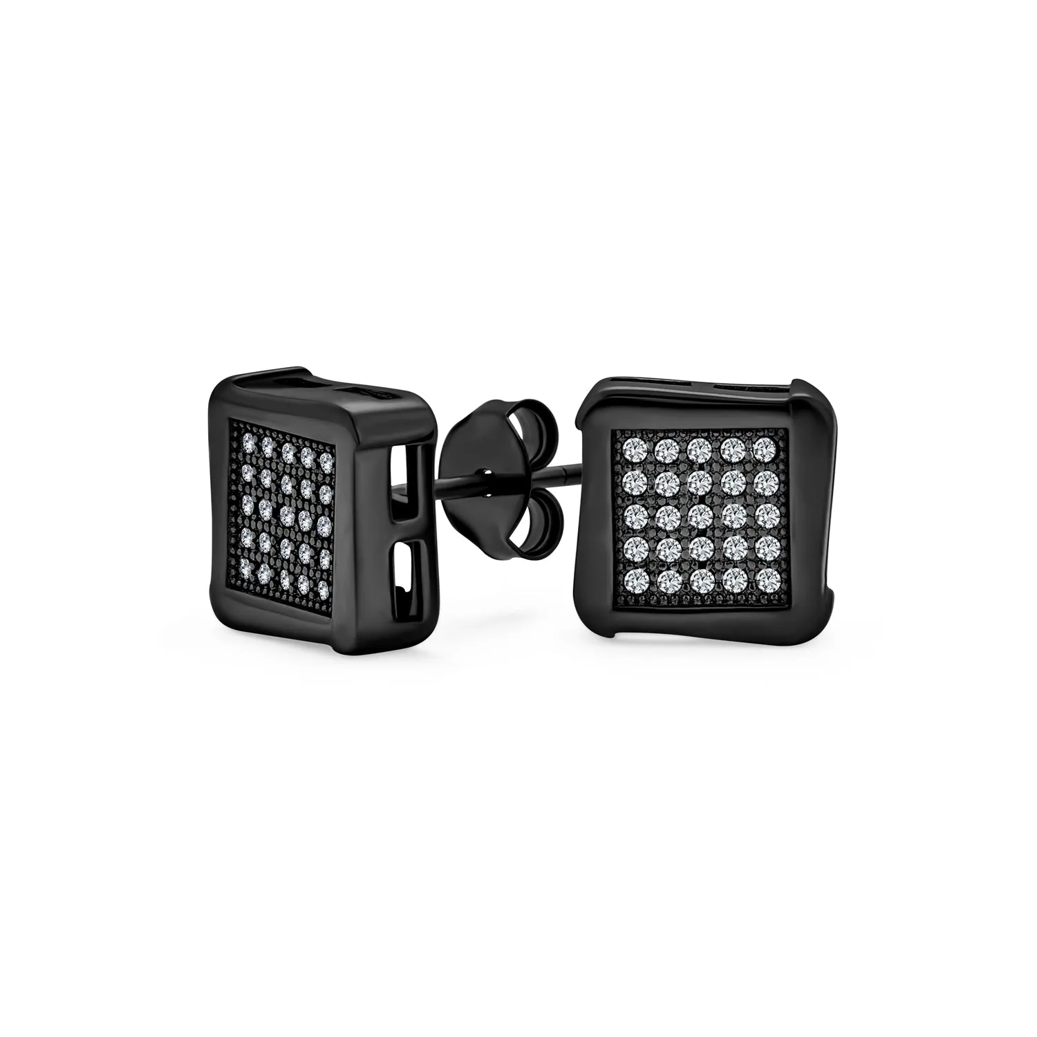 Black Geometric Square CZ Stud Earrings for Men, Sterling Silver, 8-10 MM