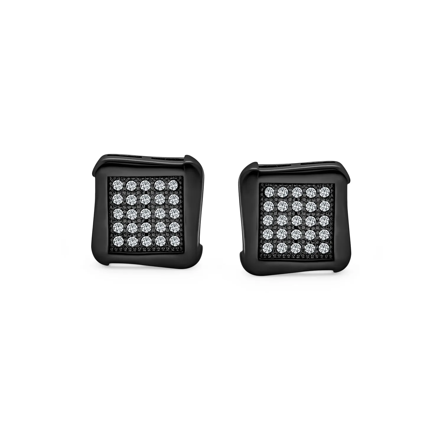 Black Geometric Square CZ Stud Earrings for Men, Sterling Silver, 8-10 MM