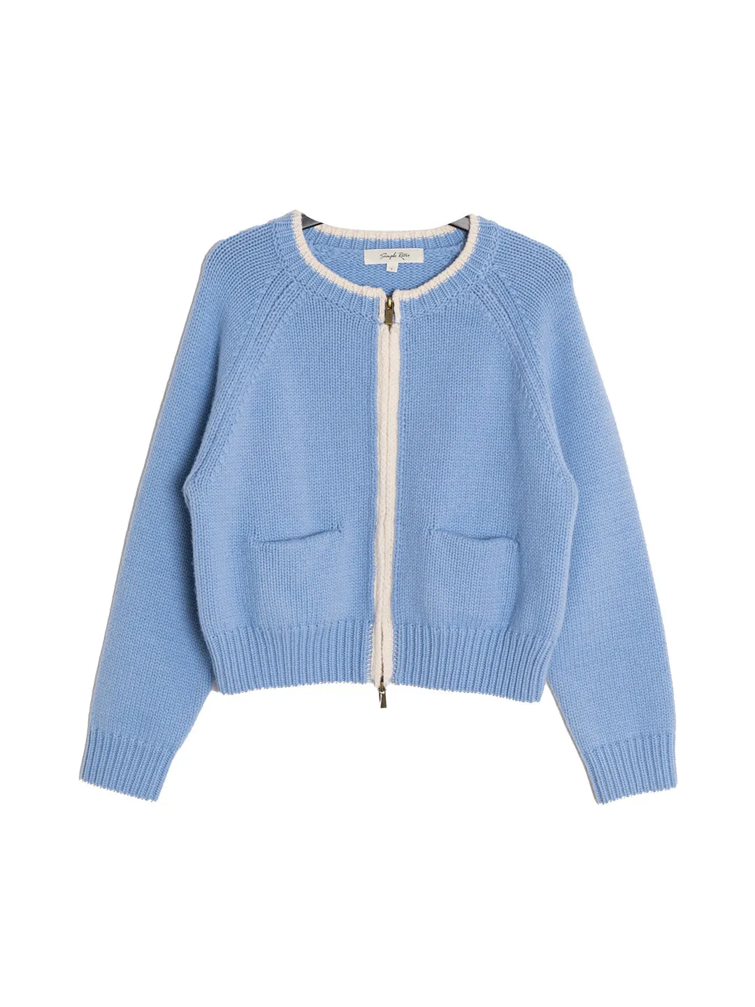 Brielle Contrasting Pocket Knit 100% Wool Cardigan - Blue