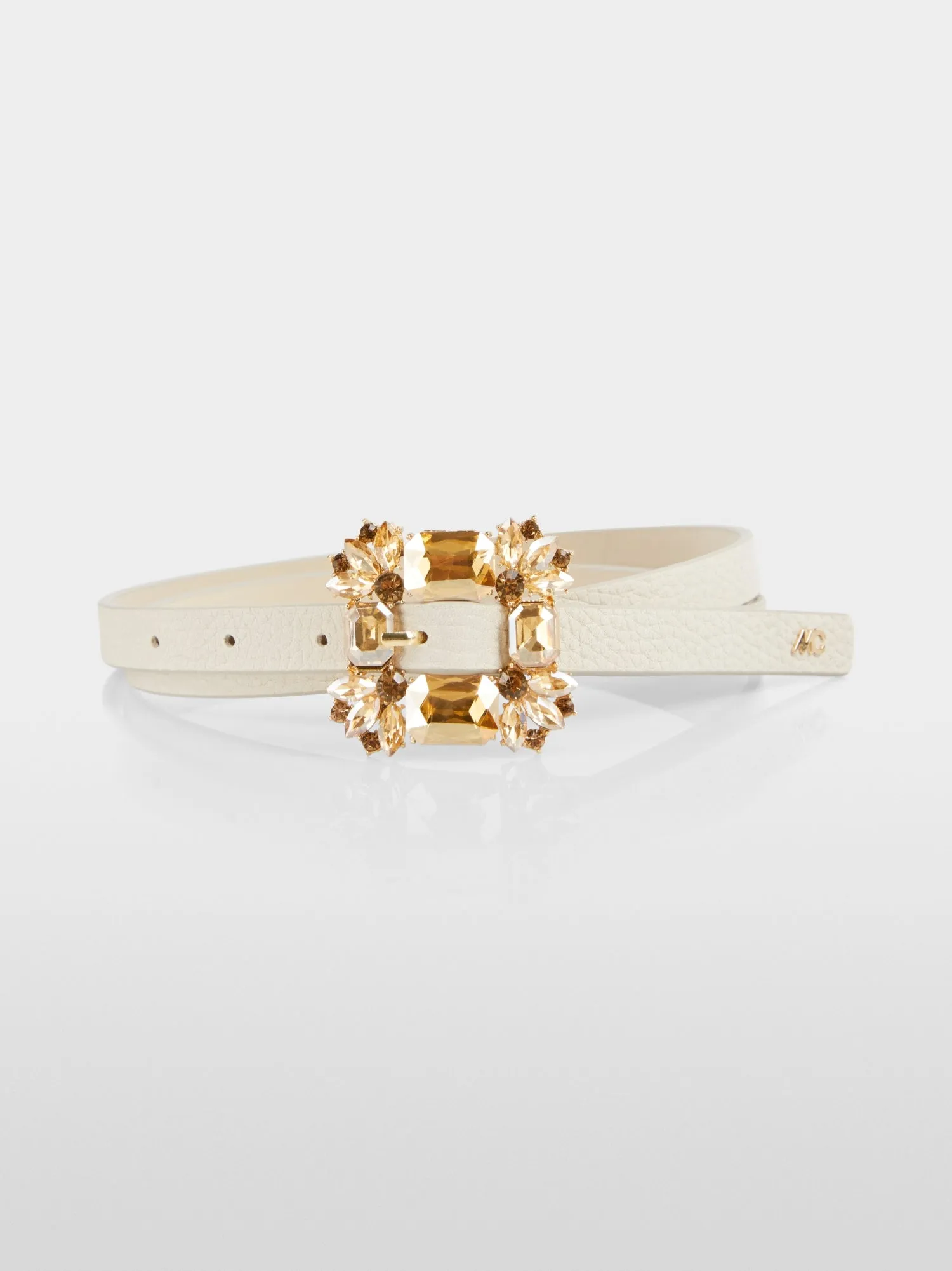 Bright Ecru Leather Belt With Crystal Buckle