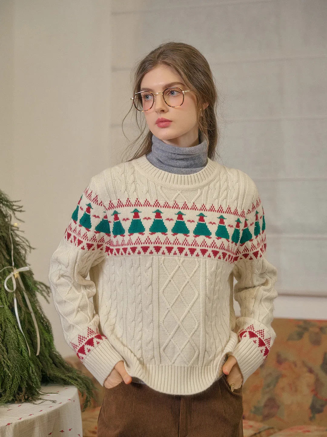 Charlize Fair Isle Ribbed Round Neck Christmas Pattern Wool Sweater - Apricot