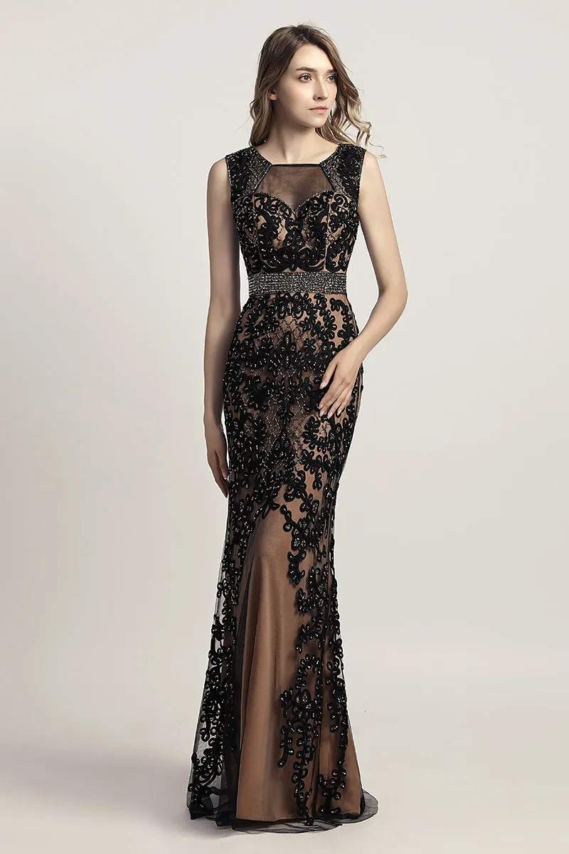 Charming Black Appliques With Beading Mermaid Long Evening Dress