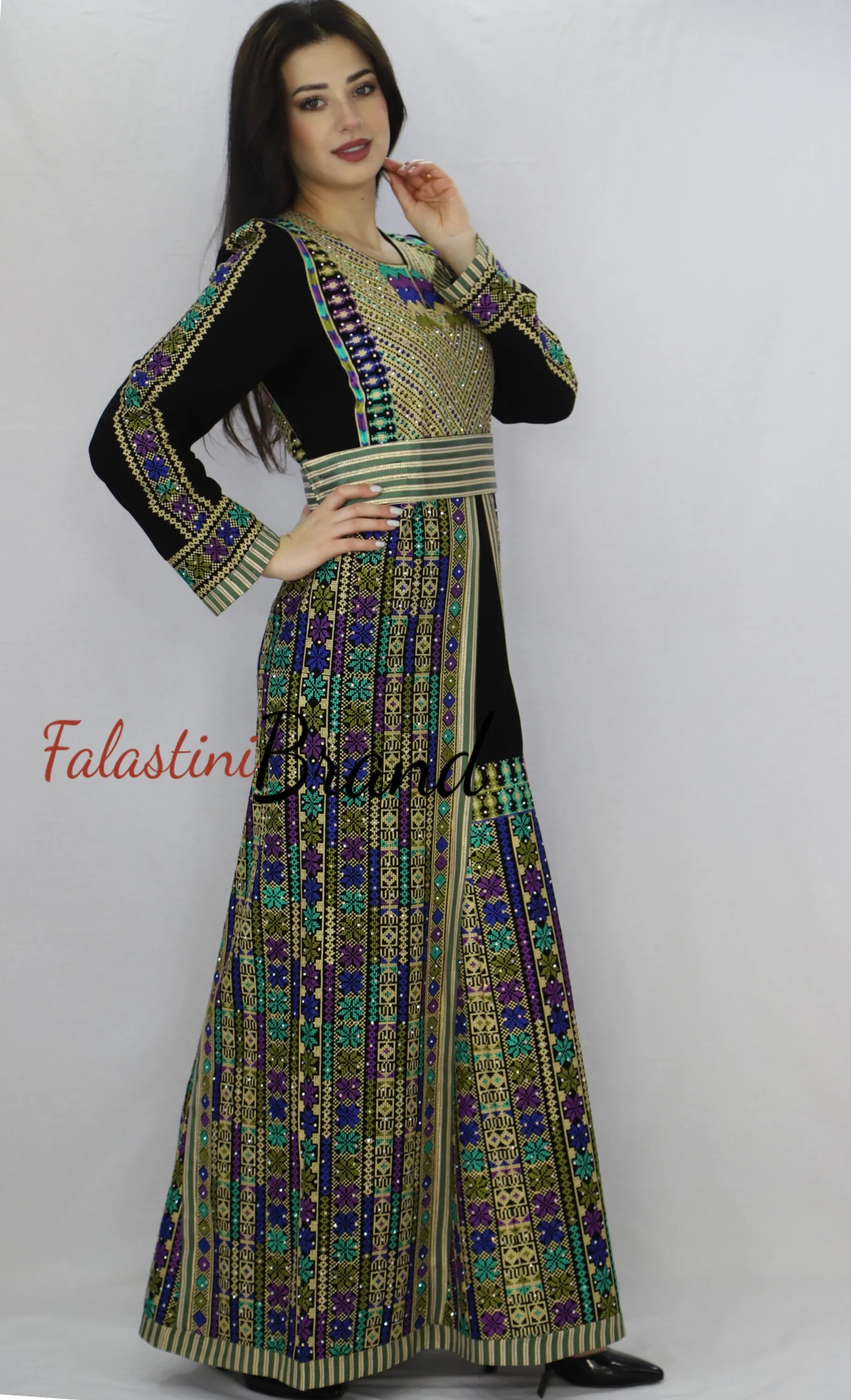 Charming Palestinian Embroidered Golden Green Thobe Dress Palestinian Embroidery