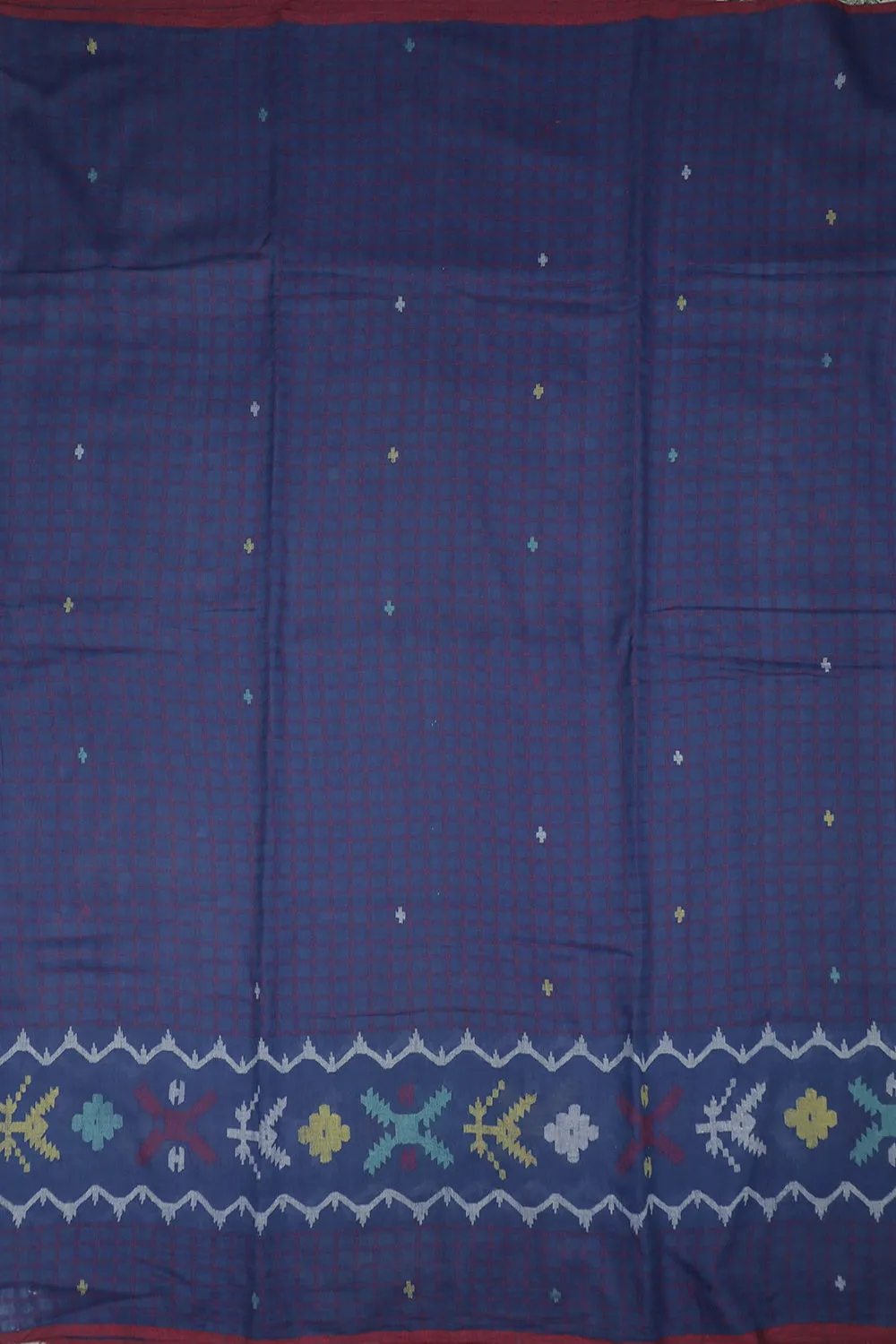 Checks on Blue Jamdani Border Cotton Fabric - 1m