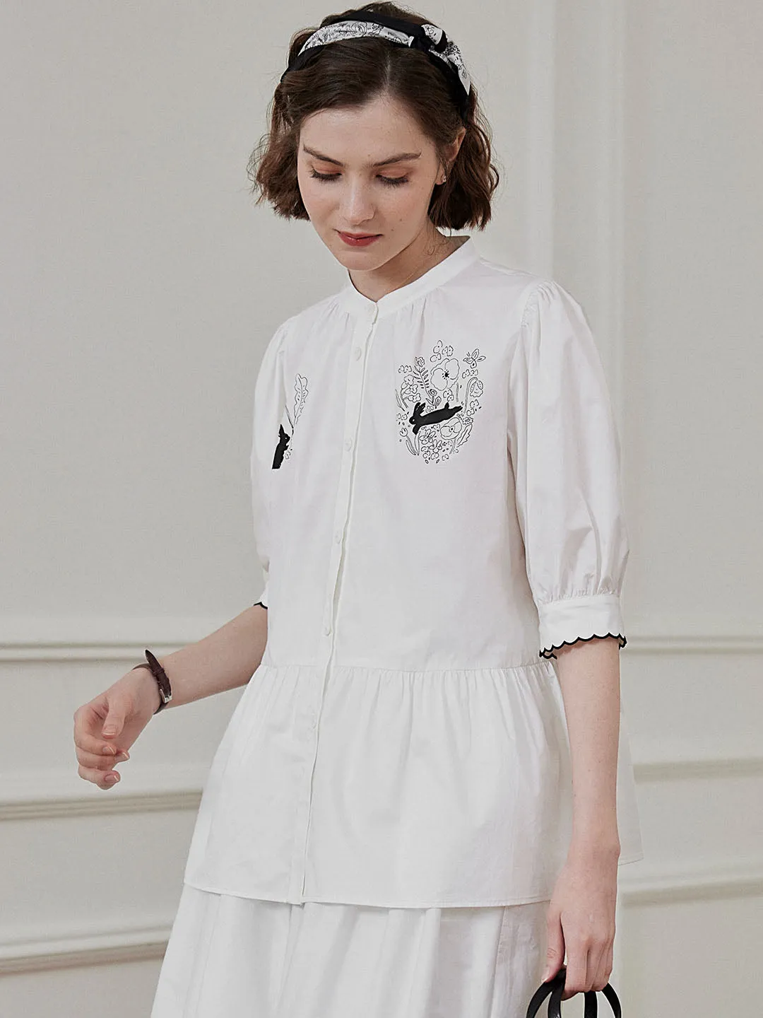 Chowxiaodou Rabbit Print White Blouse