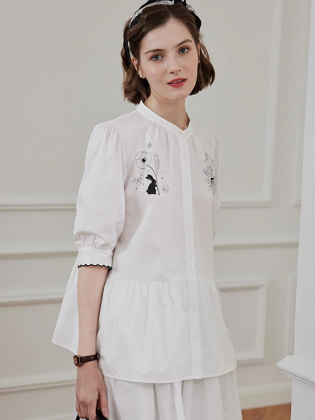 Chowxiaodou Rabbit Print White Blouse