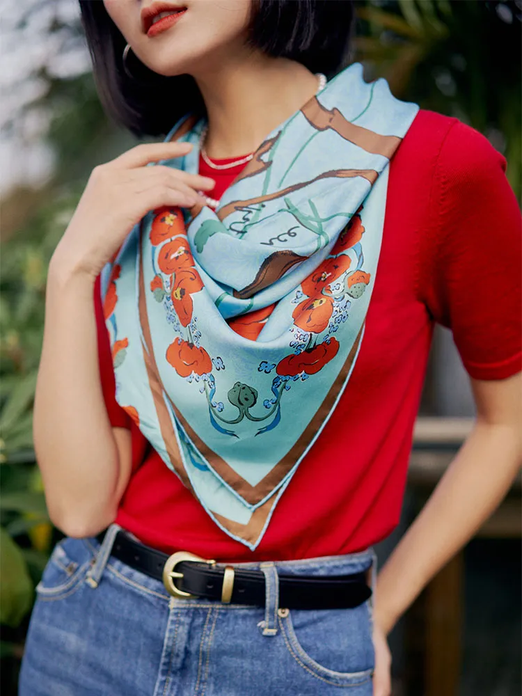 Chowxiaodou Rose Print Twill Silk Square Scarf-Sky Blue