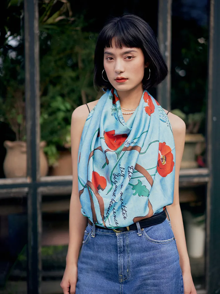 Chowxiaodou Rose Print Twill Silk Square Scarf-Sky Blue