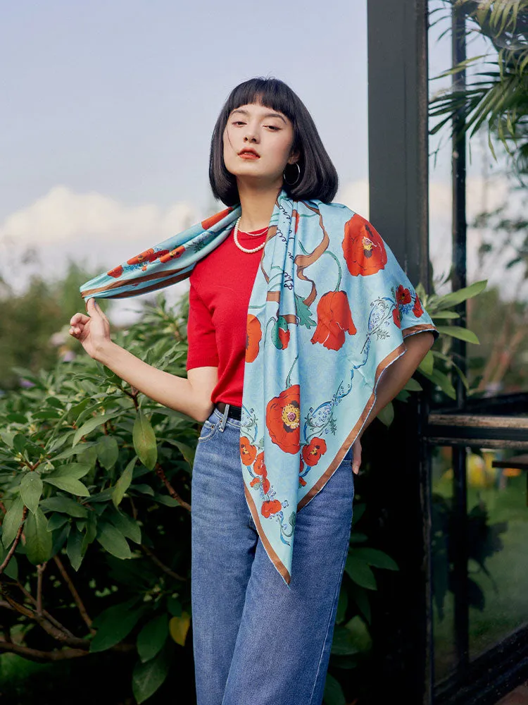 Chowxiaodou Rose Print Twill Silk Square Scarf-Sky Blue