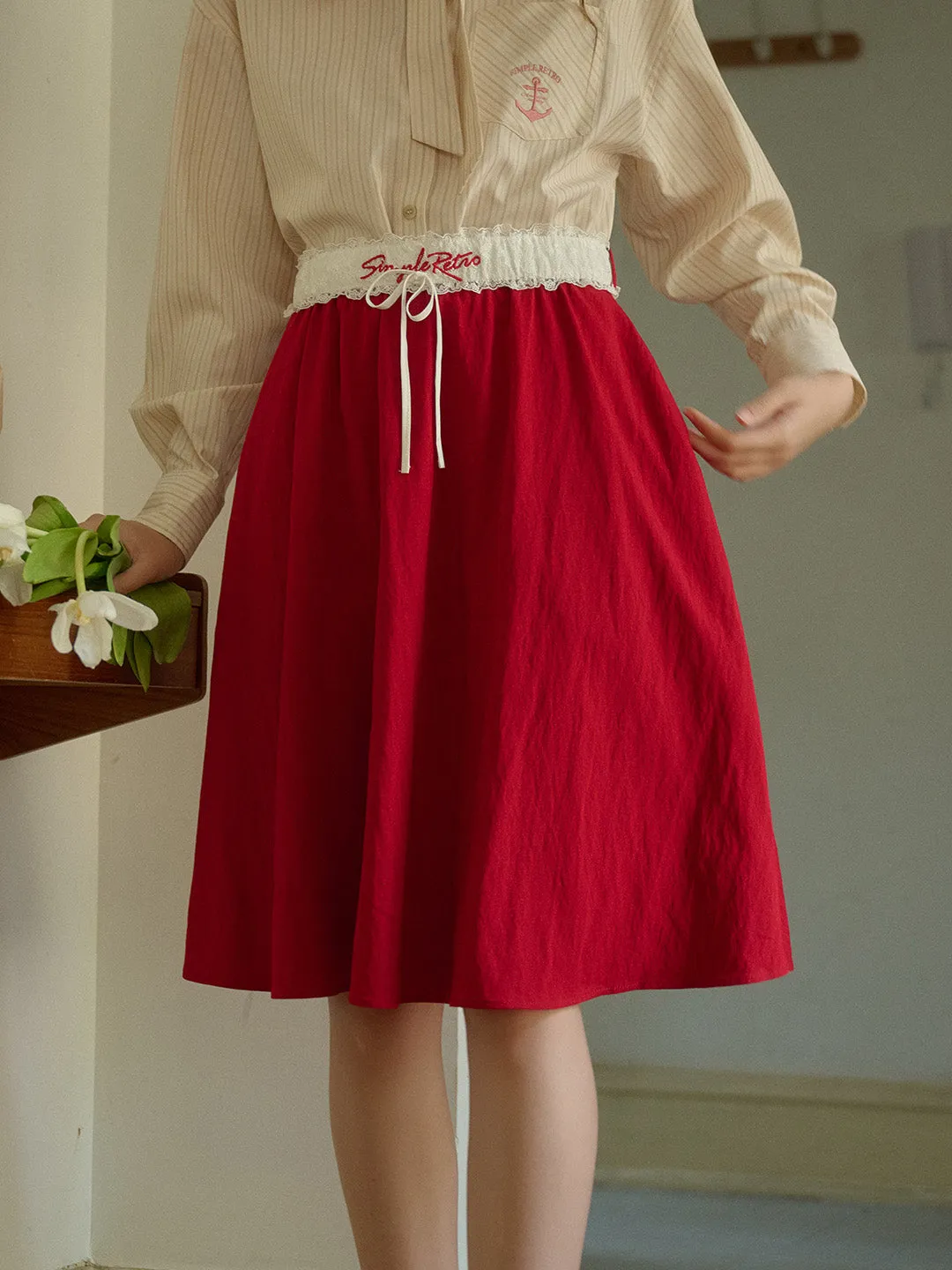 Cielo SR Logo Embroidered Contrast Lace Belt Red Skirt