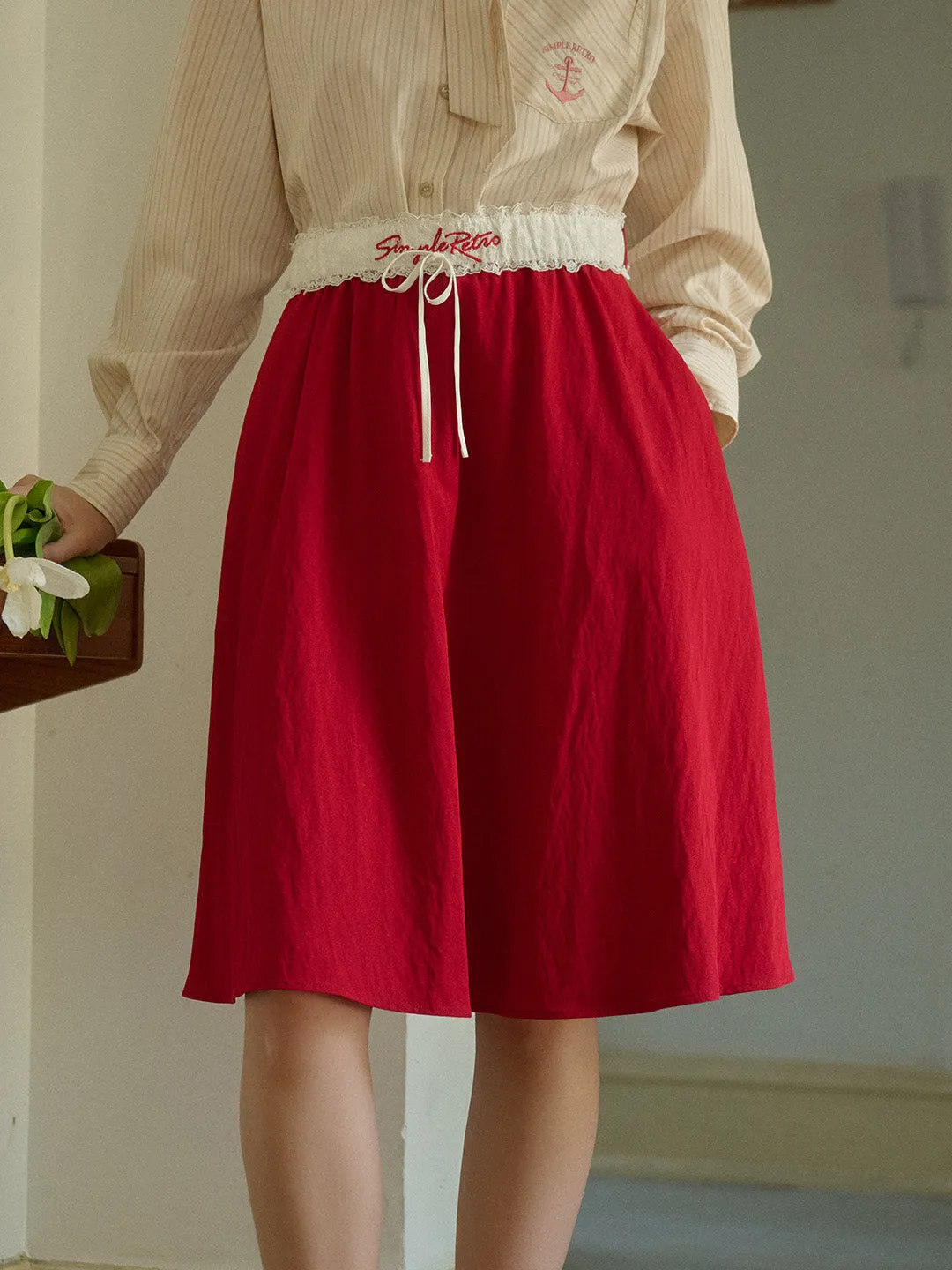 Cielo SR Logo Embroidered Contrast Lace Belt Red Skirt