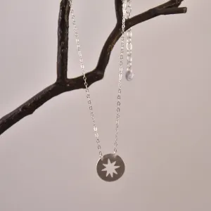 Circle Charm Tiny Necklace-- Starburst in Recycled Silver with Extender Chain