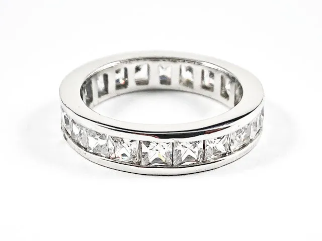 Classic Elegant Square Shape CZ Eternity Silver Band Ring