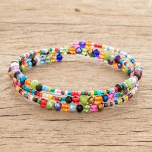 Colorful Glass and Crystal Beaded Wrap Bracelet - Happiness and Harmony | NOVICA