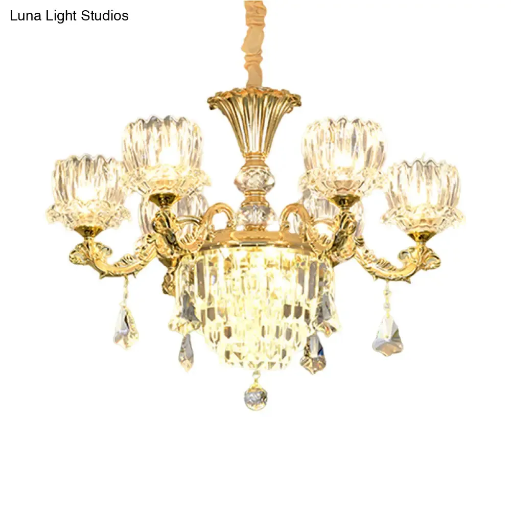 Contemporary Gold Finish 6-Light Crystal Glass Flower Chandelier Pendant Lamp