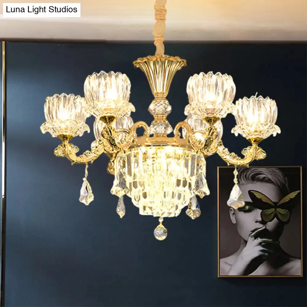 Contemporary Gold Finish 6-Light Crystal Glass Flower Chandelier Pendant Lamp