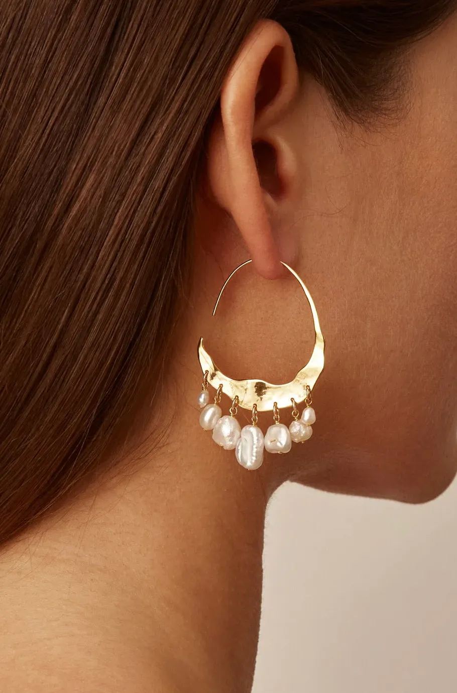 Crescent White Pearl and Gold Hoop Earrings