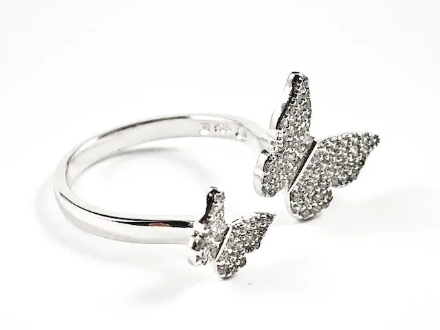 Cute Elegant Duo Butterfly Ends Style Pave CZ Silver Ring