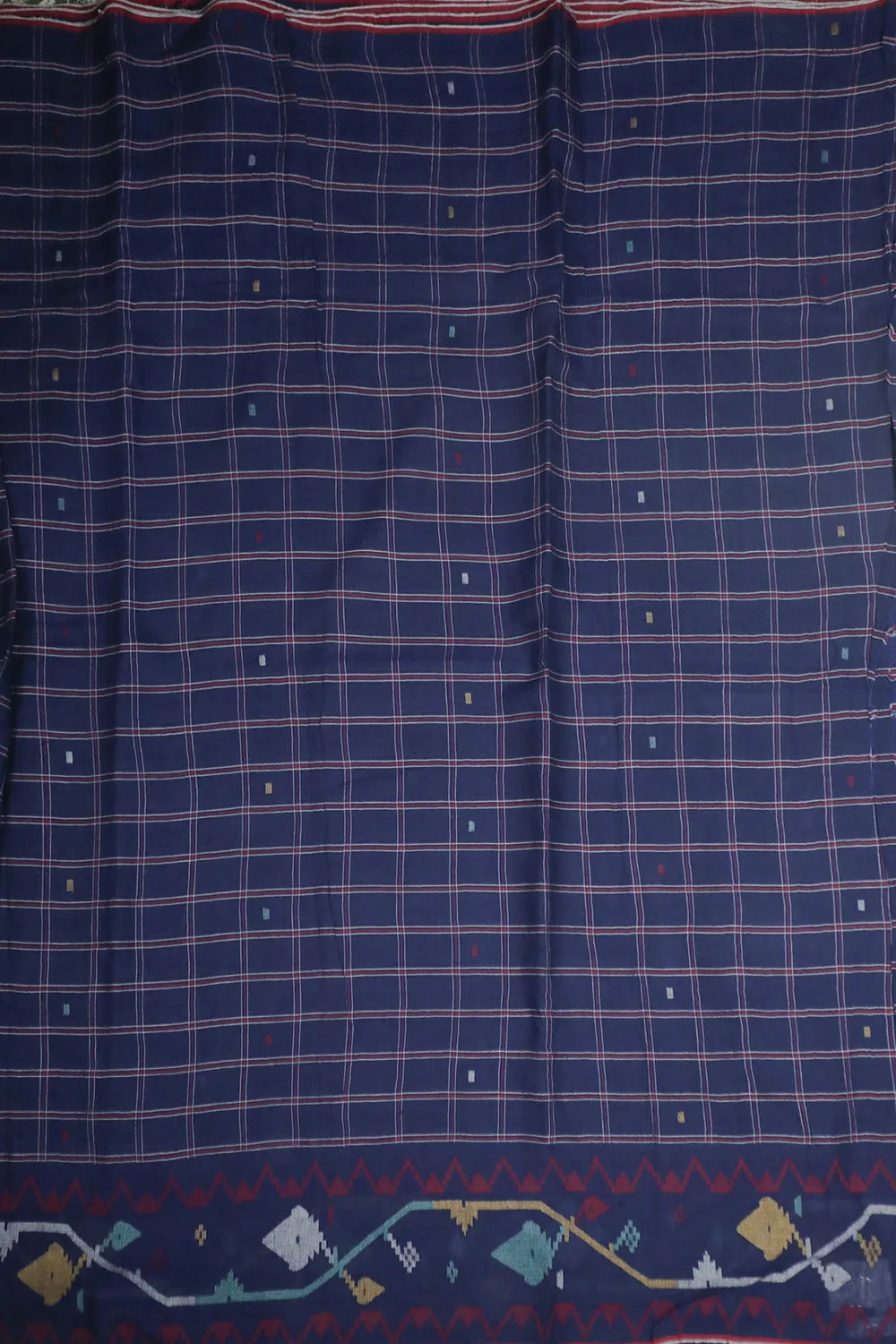 Denim Blue with Checkered Jamdani Cotton Fabric