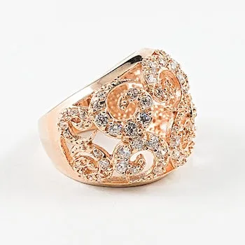 Elegant Swirl Design CZ Rose Gold Tone Silver Ring