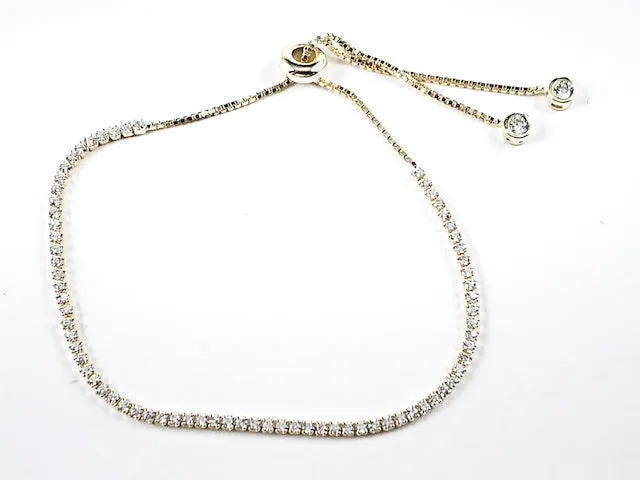 Elegant Thin Delicate Single Row CZ Gold Tone Draw String Silver Bracelet