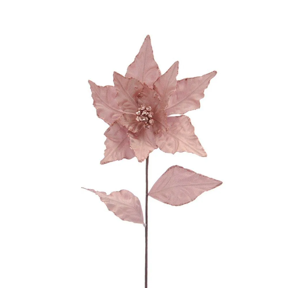 Festive 75cm Pink Artificial Glitter Velvet Poinsettia Stem