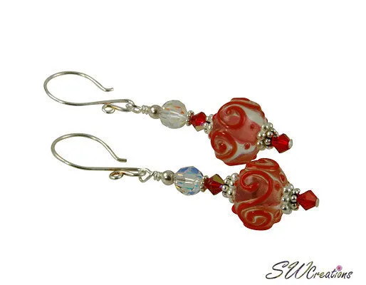 Flaming Red Crystal Lampwork Beaded Earrings