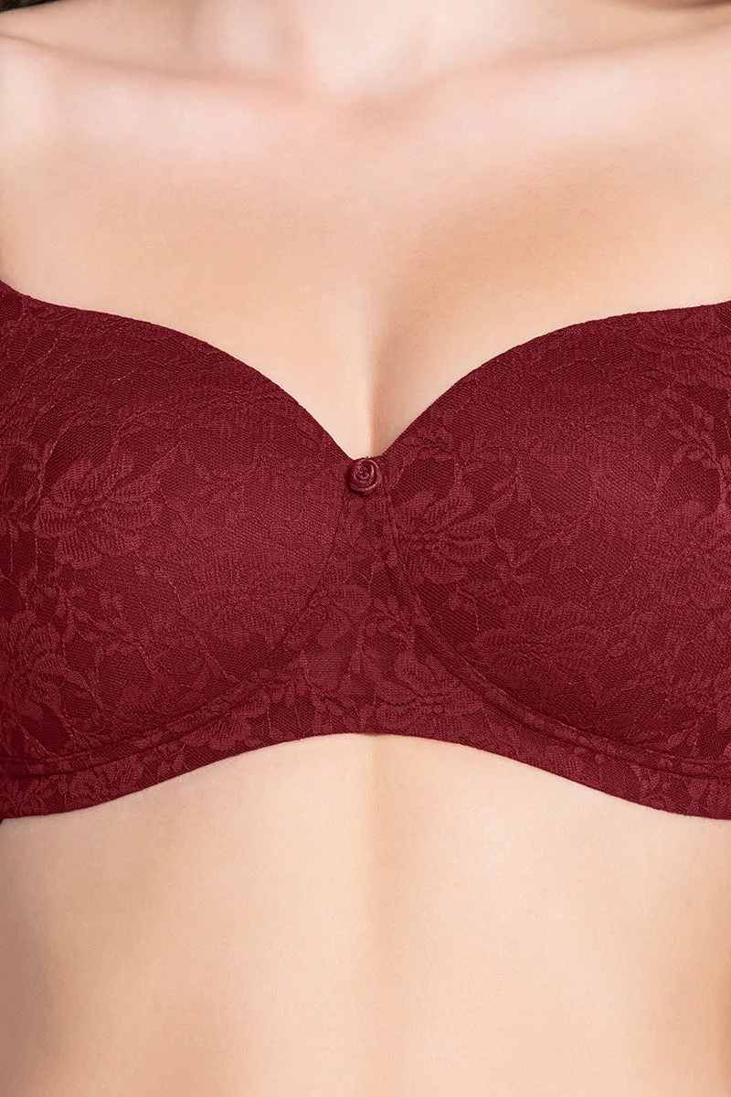 Floral Romance Padded Non-wired Lace Bra - Burgundy Wine Lace