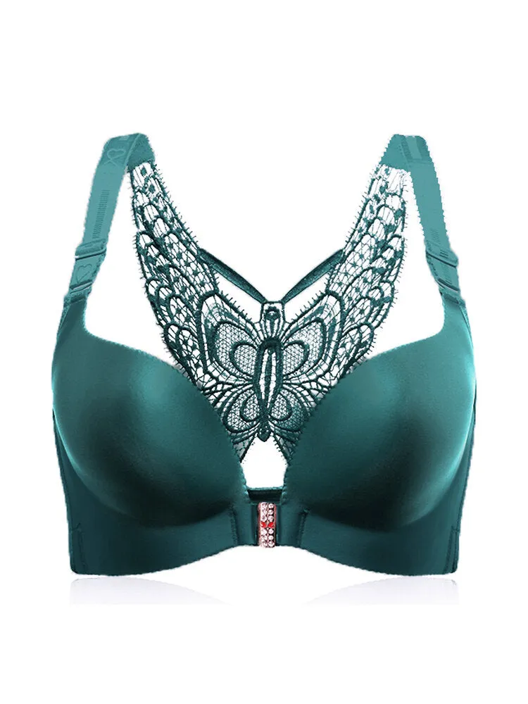 Front Closure Butterfly Embroidery Back Wireless Push Up Bra, Army Green