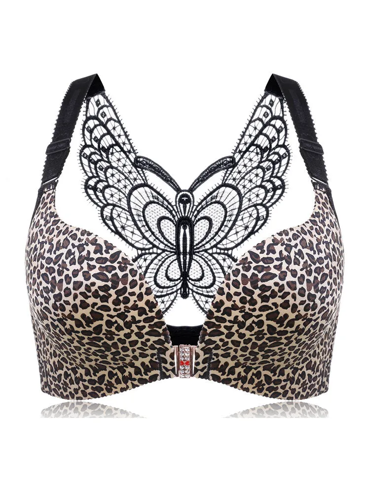 Front Closure Butterfly Embroidery Back Wireless Push Up Bra,Gold