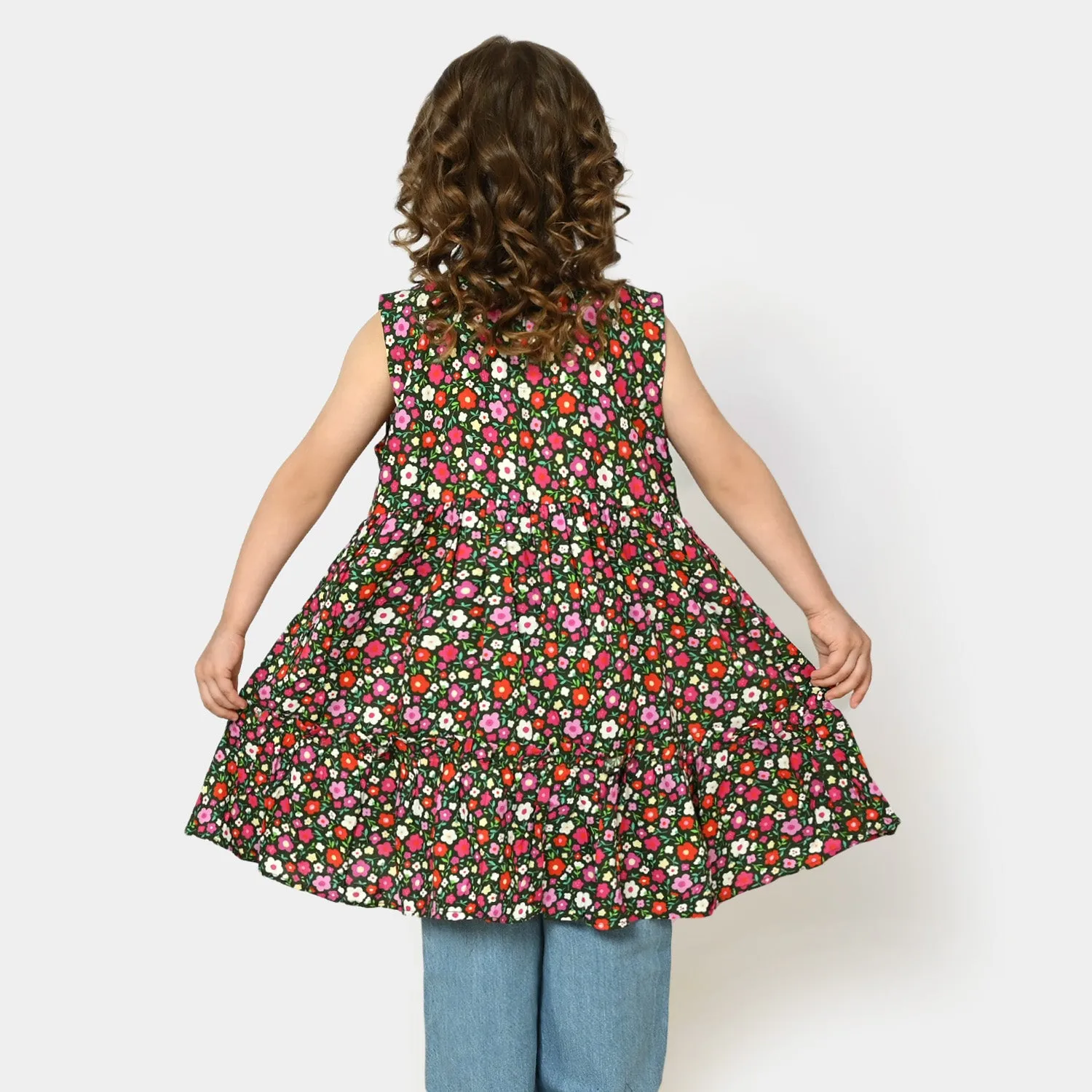 Girls Casual Frock Flower Printed - Multi