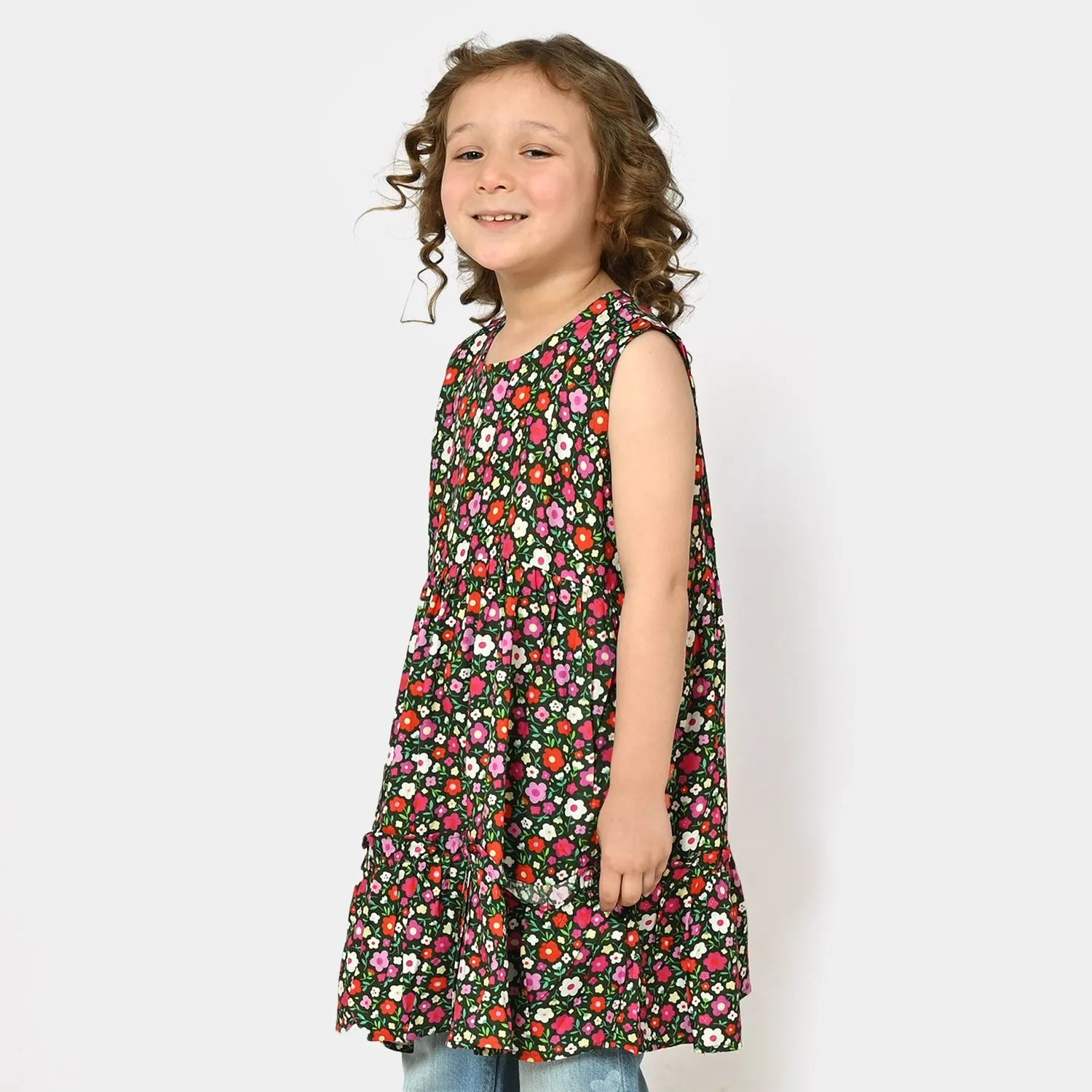 Girls Casual Frock Flower Printed - Multi