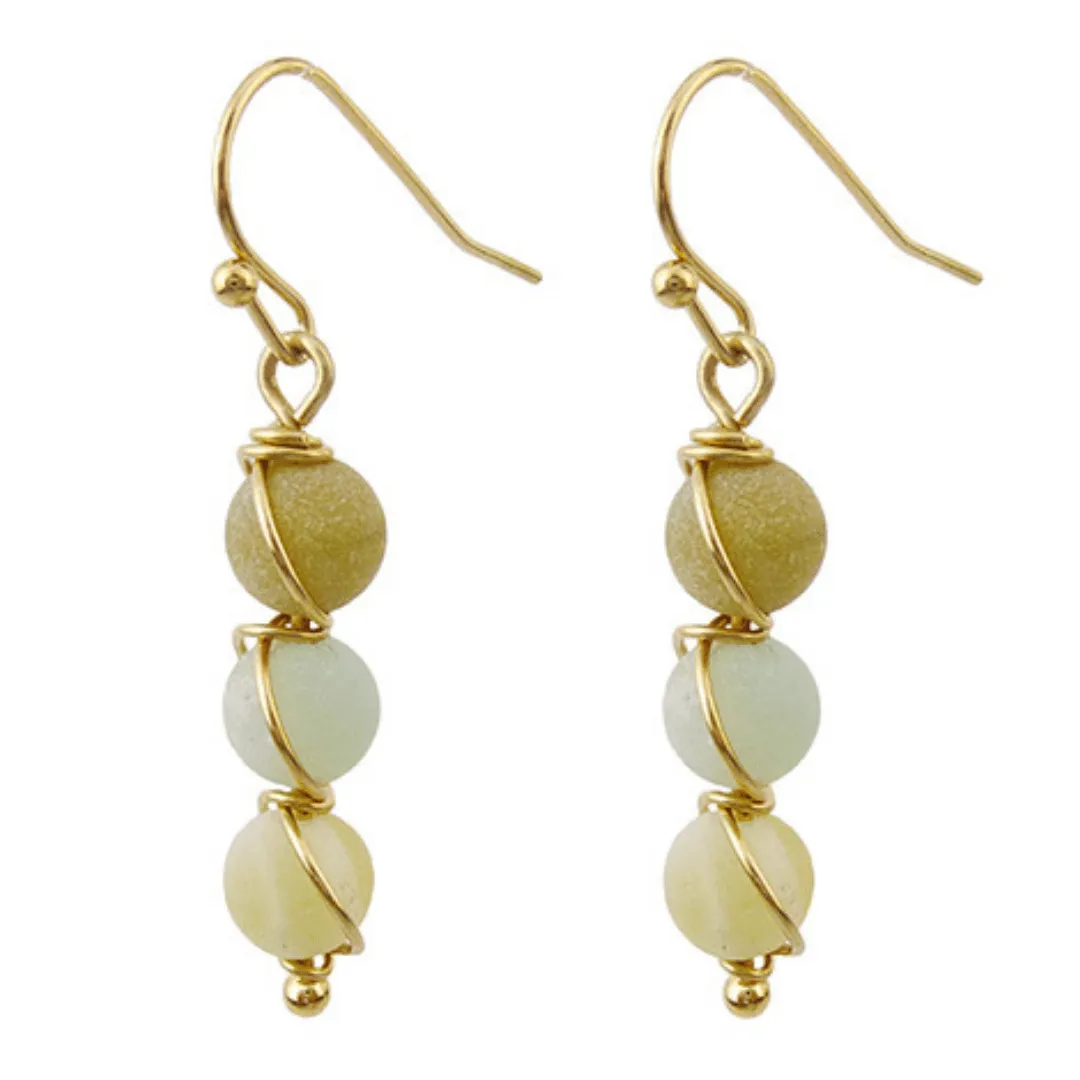 Gold Wire Wrapped Stone Beaded Dangle Earrings